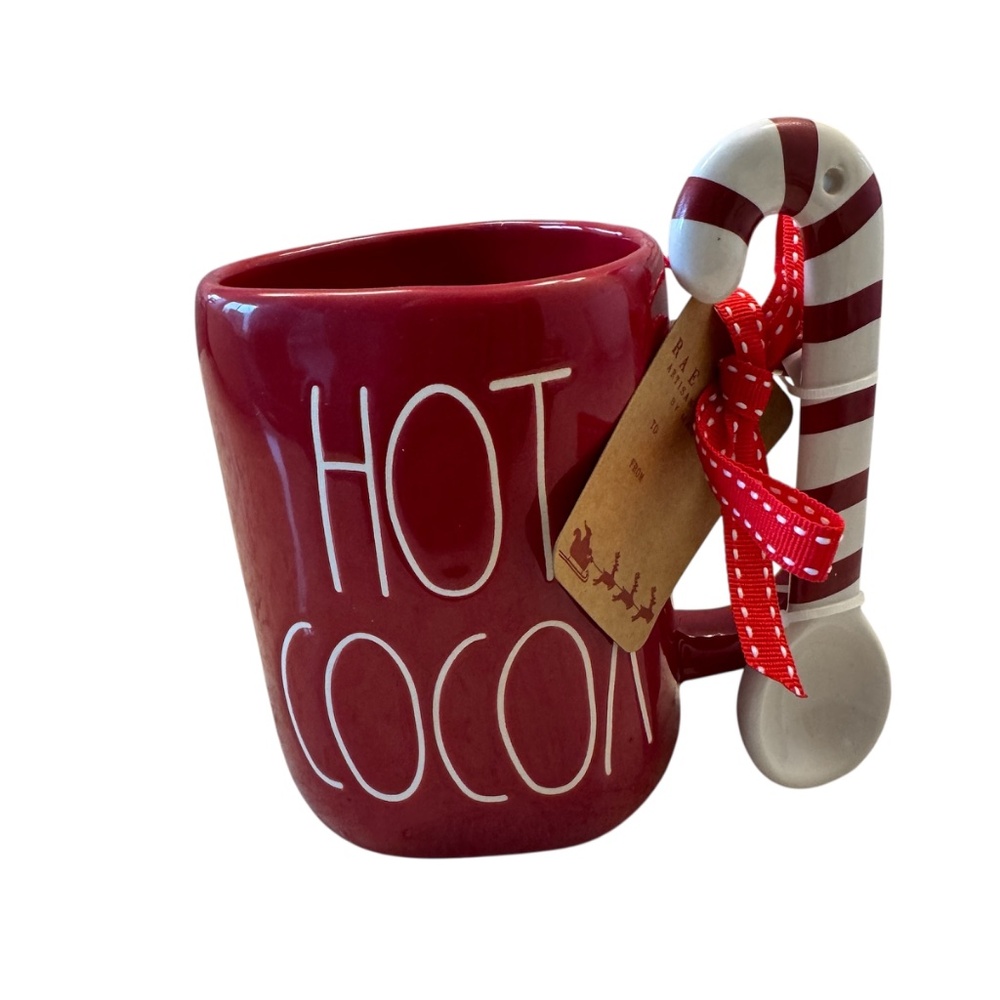 NWT Rae‎ Dunn Red Ceramic mug "Hot Cocoa with candy cane spoon" attached